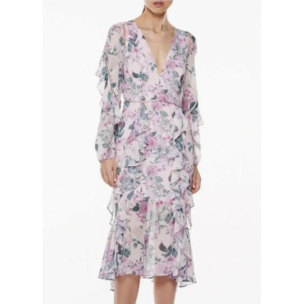 La Maison Talulah Floral Ruffle Midi Dress Large Pink Cottagecore Romantic Event